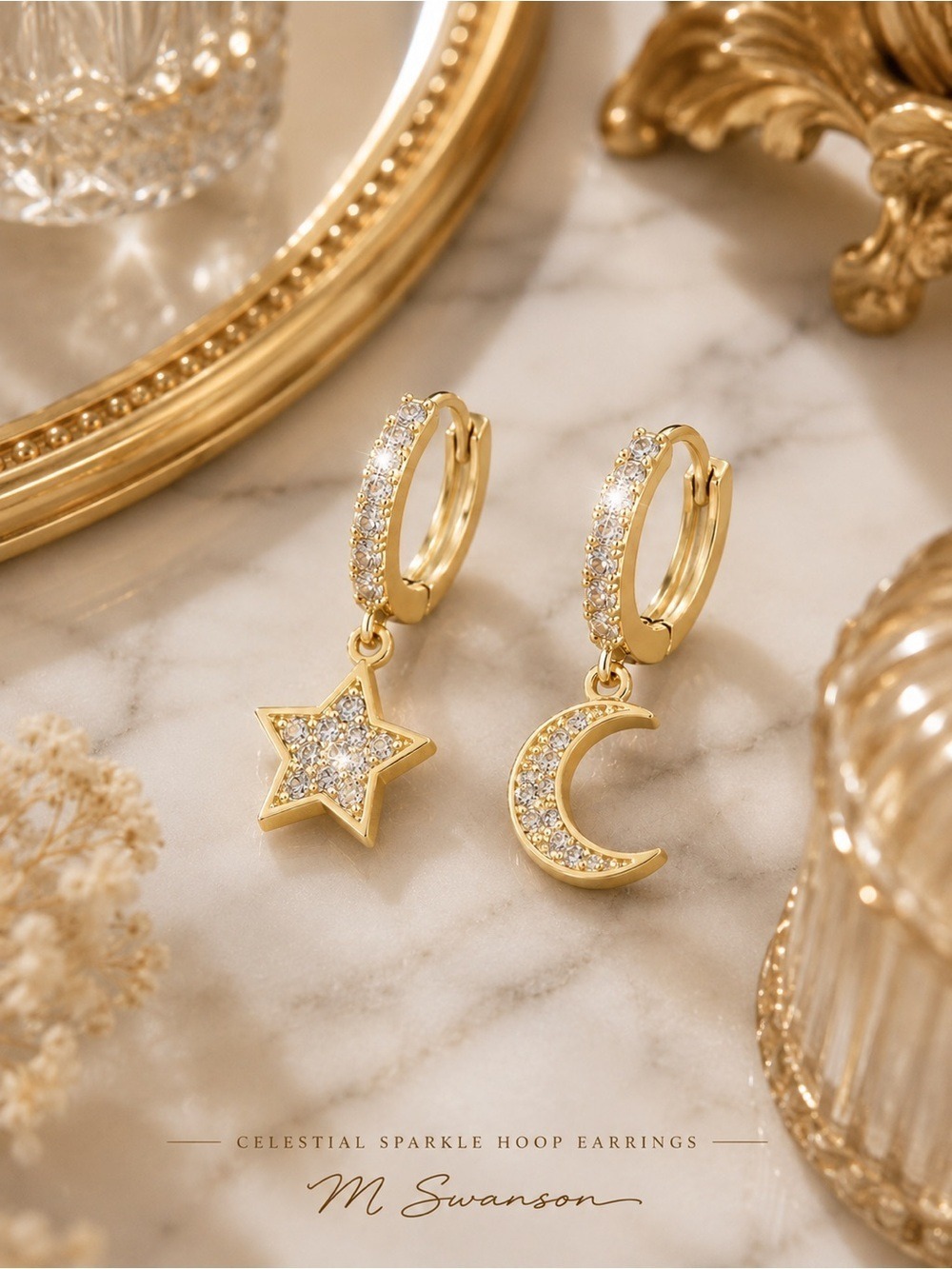 NEW Celestial Star & Moon Sparkling Zircon Gold Hoop Earrings NWT